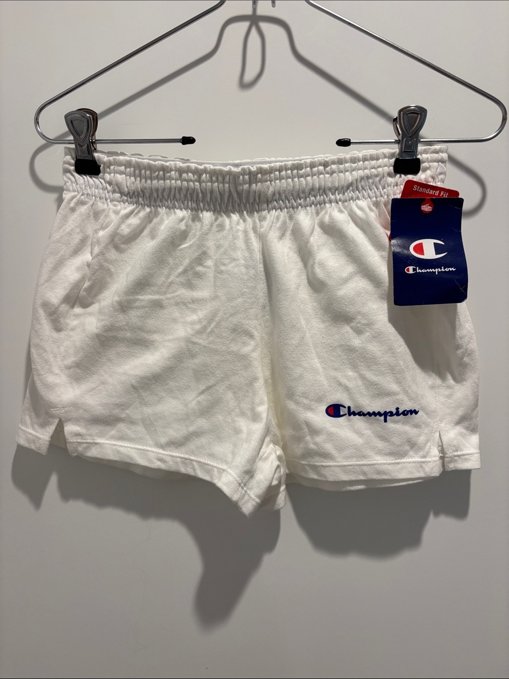 Champion White Athletic Shorts with Blue & Red Logo